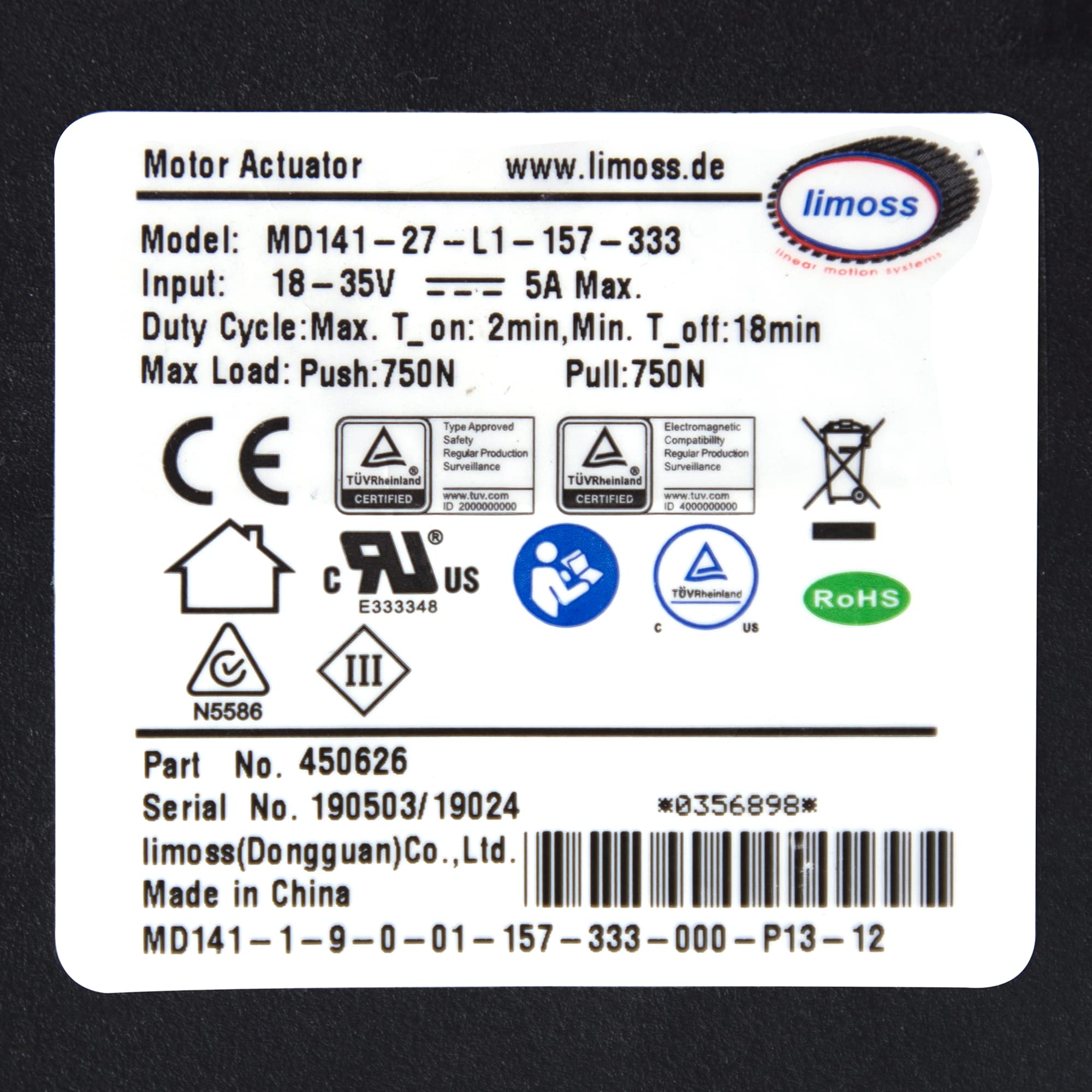 Frassie Power Recliner Lift Chair Motor Limoss 450626 Actuator Model MD141-27-L1-157-333 Replacement