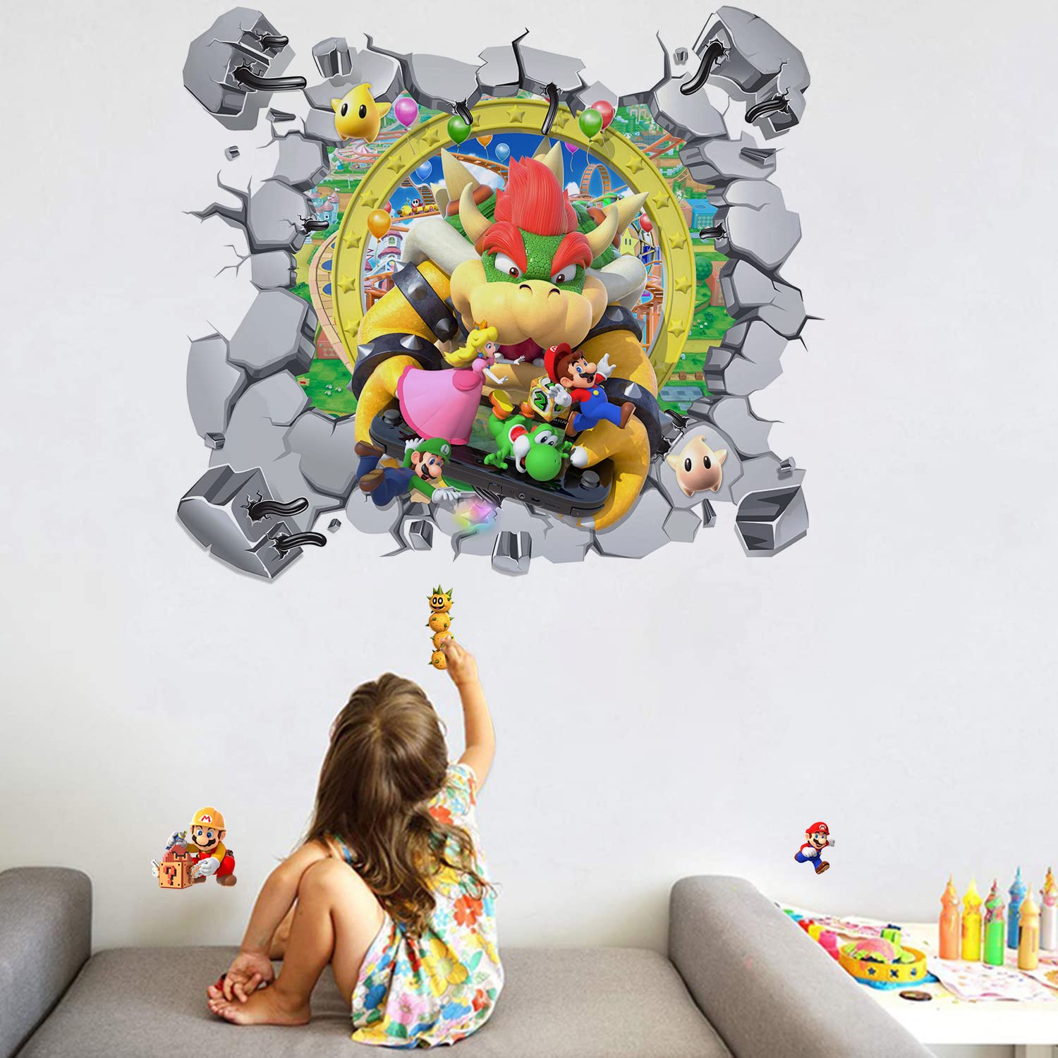 QZHONTH New Game Mario Flies Off The Wall 3D Break Stickers for Living Room Kids Decor Boys Girl Gift Bedroom Poster Mural Wallpaper Removable PVC (23'' x 25''), Red1, 23'' 35'' (202111015)