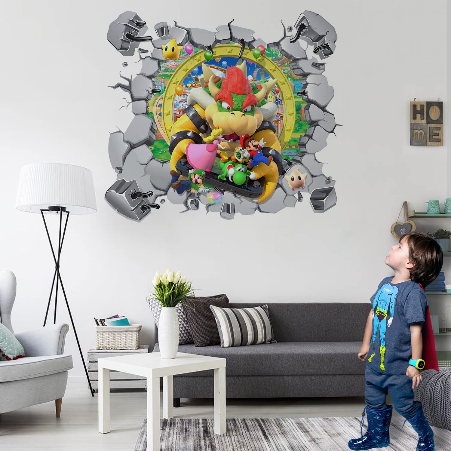 QZHONTH New Game Mario Flies Off The Wall 3D Break Stickers for Living Room Kids Decor Boys Girl Gift Bedroom Poster Mural Wallpaper Removable PVC (23'' x 25''), Red1, 23'' 35'' (202111015)