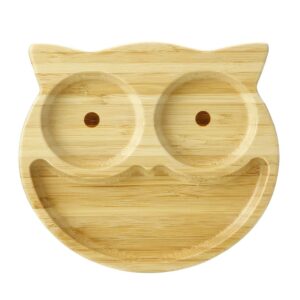 pandaear bamboo wooden baby plates with suction- divided unbreakable- non-slip (owl shape)