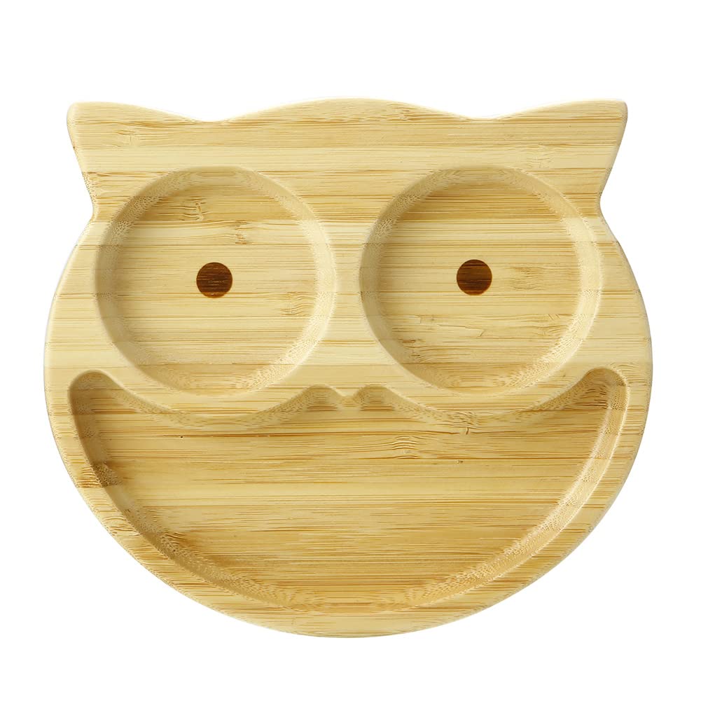 PandaEar Bamboo Wooden Baby Plates with Suction- Divided Unbreakable- Non-Slip (Owl Shape)