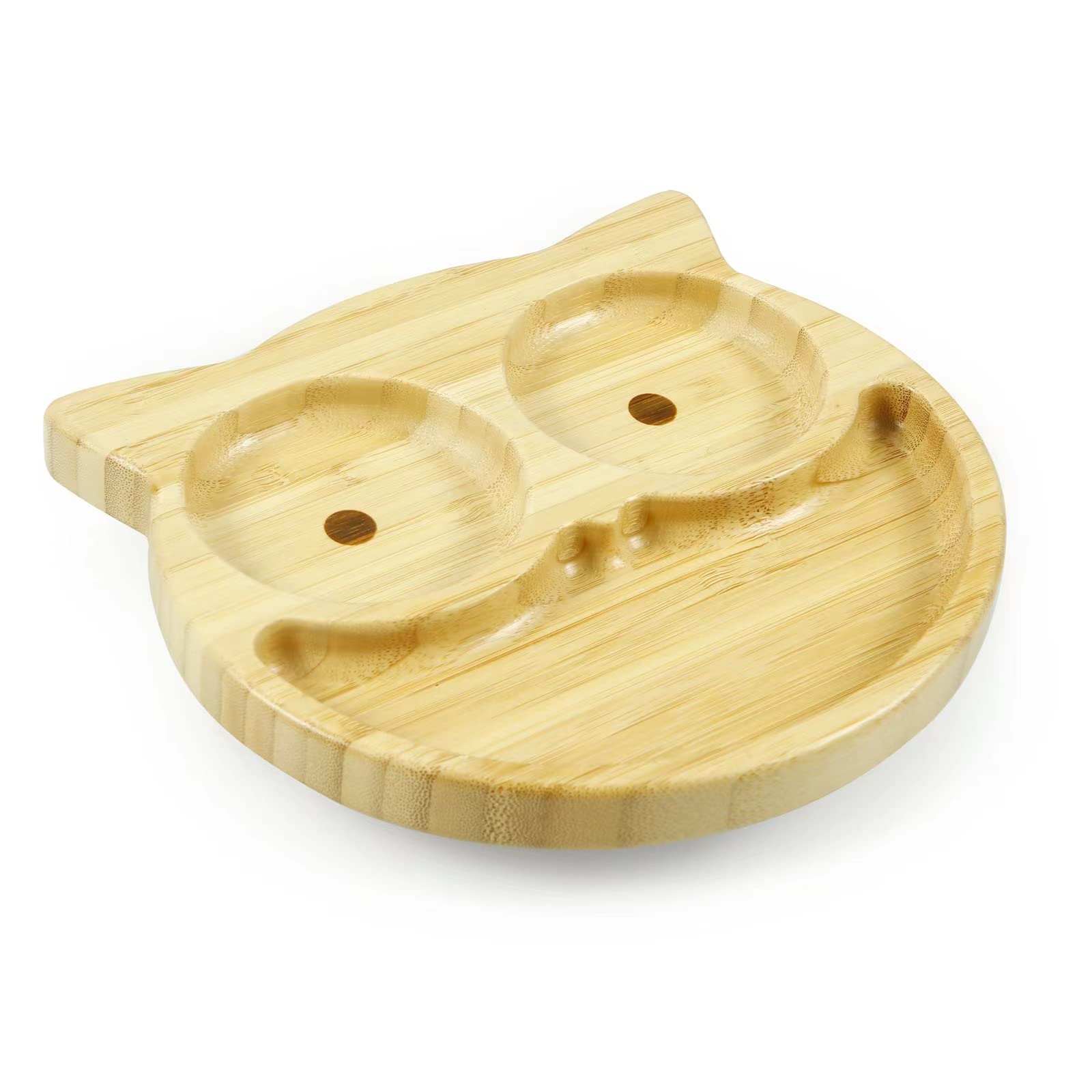 PandaEar Bamboo Wooden Baby Plates with Suction- Divided Unbreakable- Non-Slip (Owl Shape)