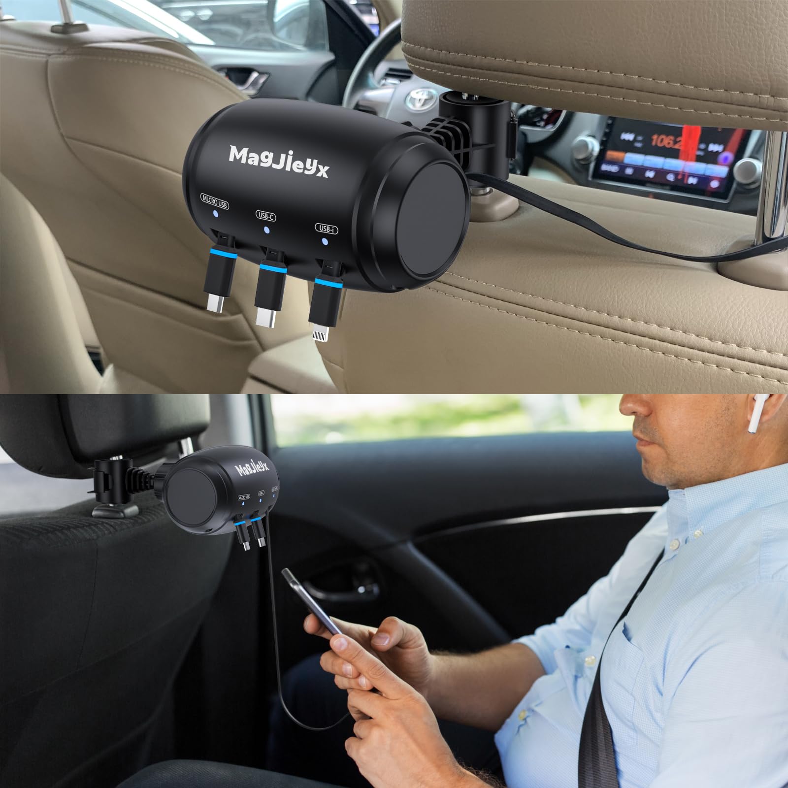 MAGJIEYX for Multi Retractable Car Charging Station Box, 3 in 1 Headrest Fast Power Charging Dock Cord USB Type C Fits iPhone15 14/iPad/Android/Samsung|Uber Lyft Backseat Passengers Share Rid