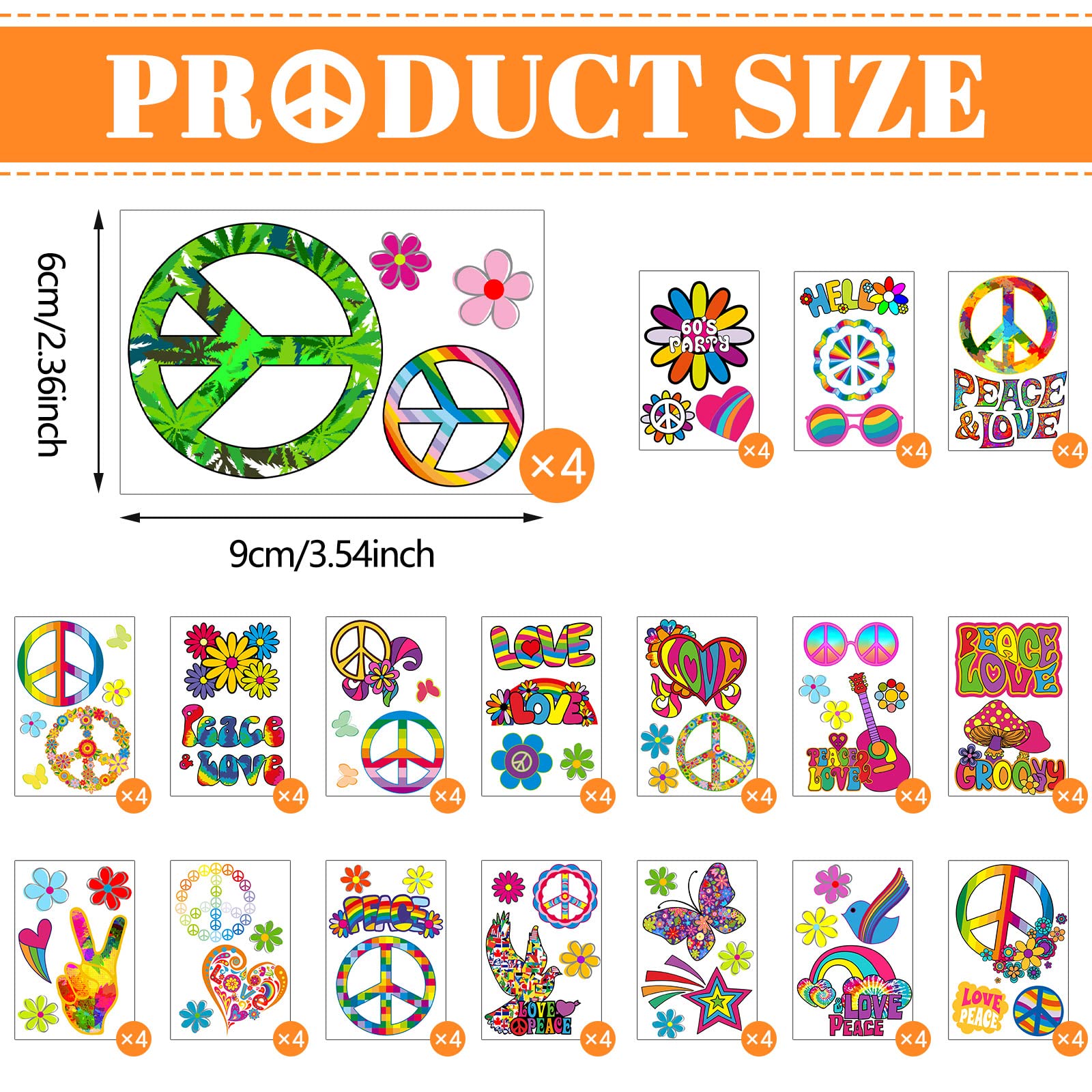 Demissle 280 Pieces Hippie Temporary Tattoos Butterfly Flower Love and Peace Lucky Rainbow Tattoos Groovy Hippie Temporary Fake Tattoos Decor School Rewards for Kids 70s Groovy Party Favors