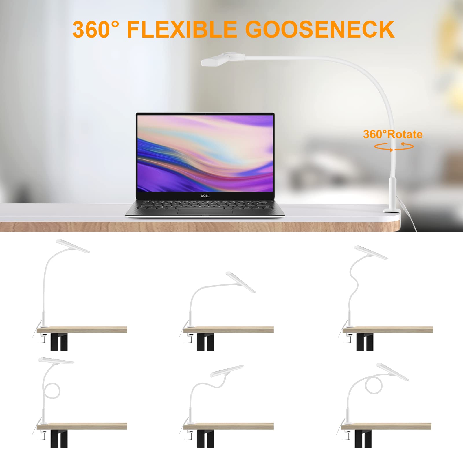 shlinux LED Desk Lamp, Desk Light with Flexible Gooseneck (White)