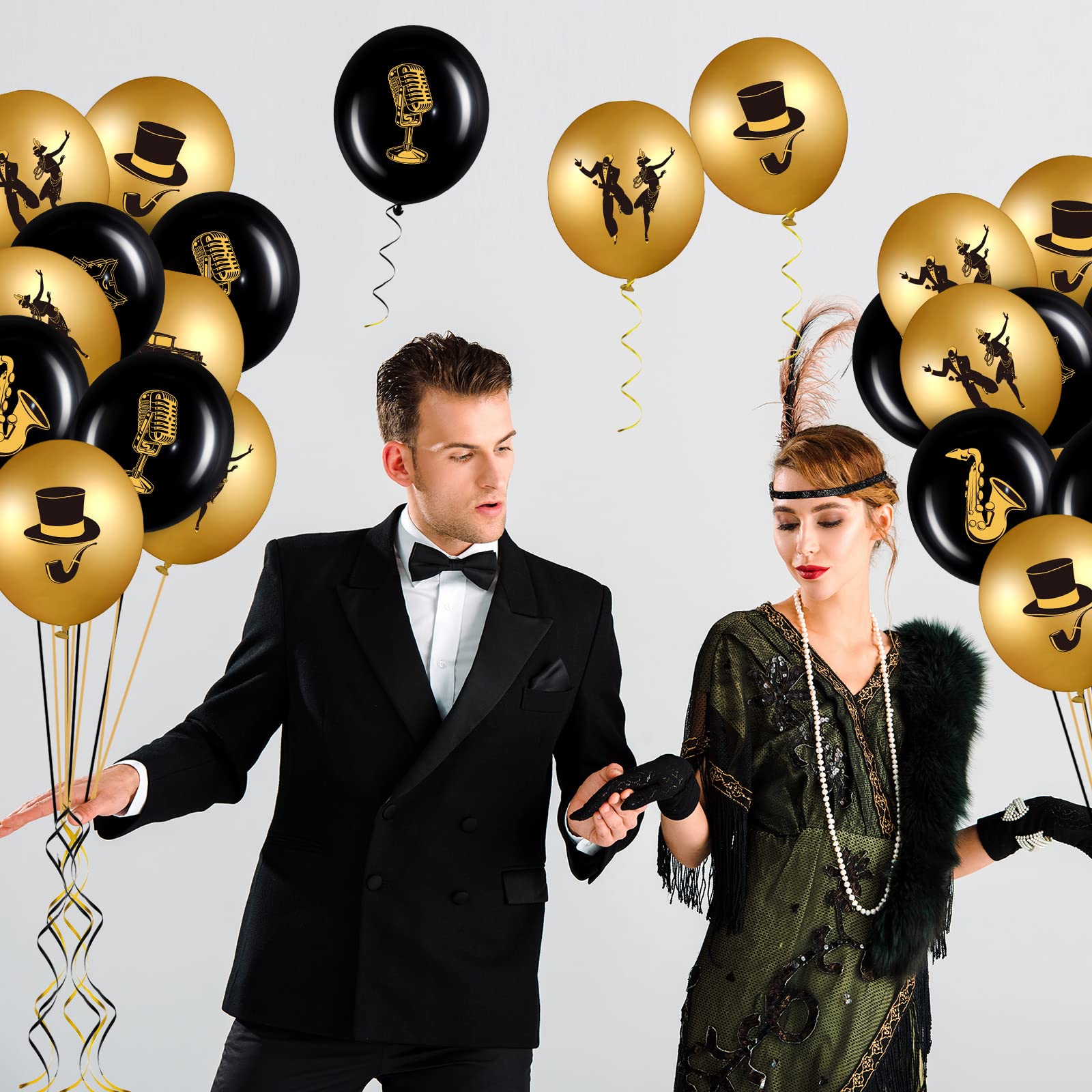 45 Pieces Roaring 20s Party Balloons Decorations Black and Gold Party 20th Birthday Balloons Vintage 1920s Balloons for 20's Retro Jazz Music Party 1920's Themed Birthday Speakeasy Decoration Supplies