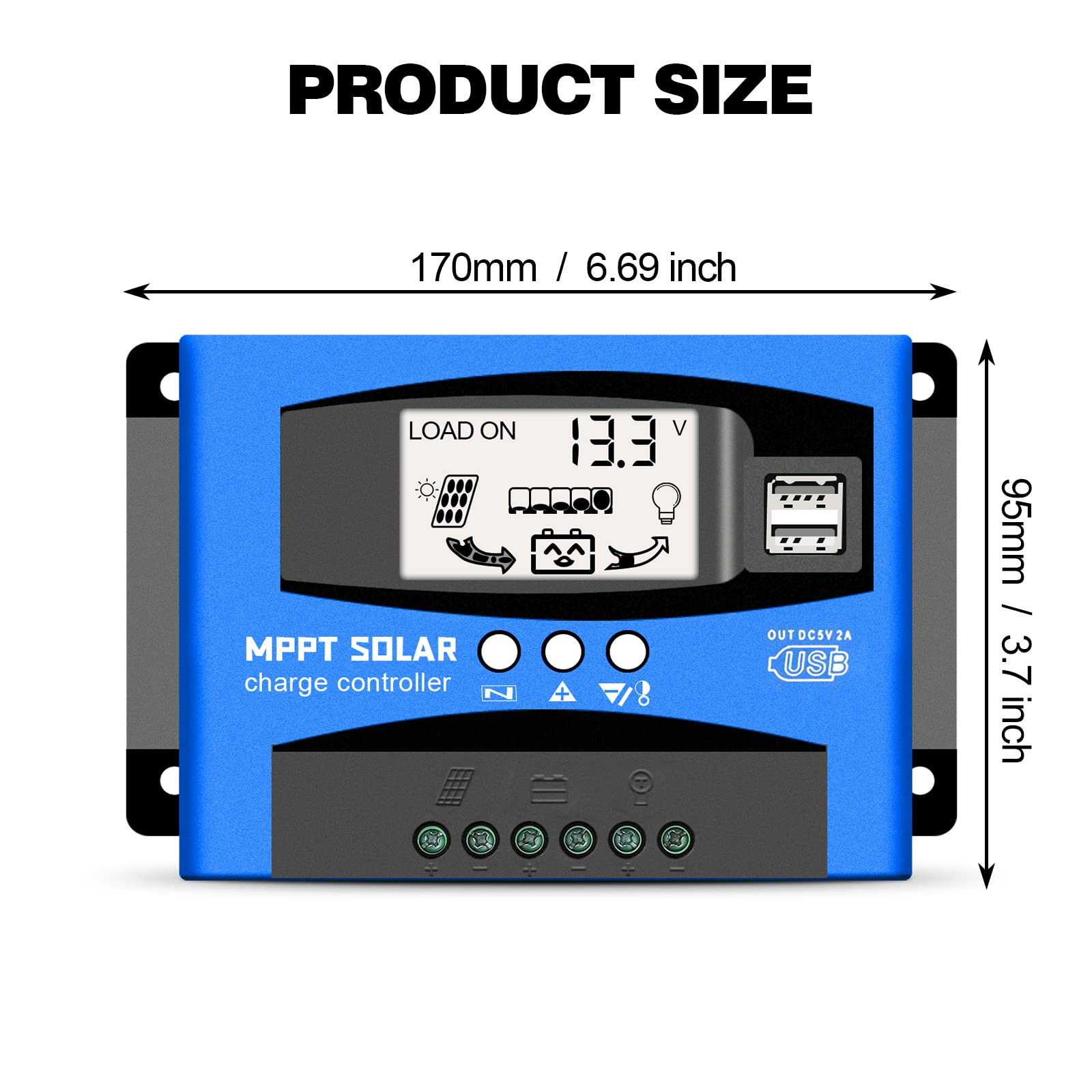 60A MPPT Solar Charge Controller 12v/24v Current Auto Focus MPPT Tracking Charge with LCD Display Dual USB Solar Regulator Charge Controller Multiple Load Control Modes