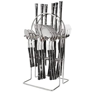 snplowum 24-piece hanging silverware set with a cutlery rack, mirror stainless steel flatware with imitation marble wooden handle service for 6, black silver