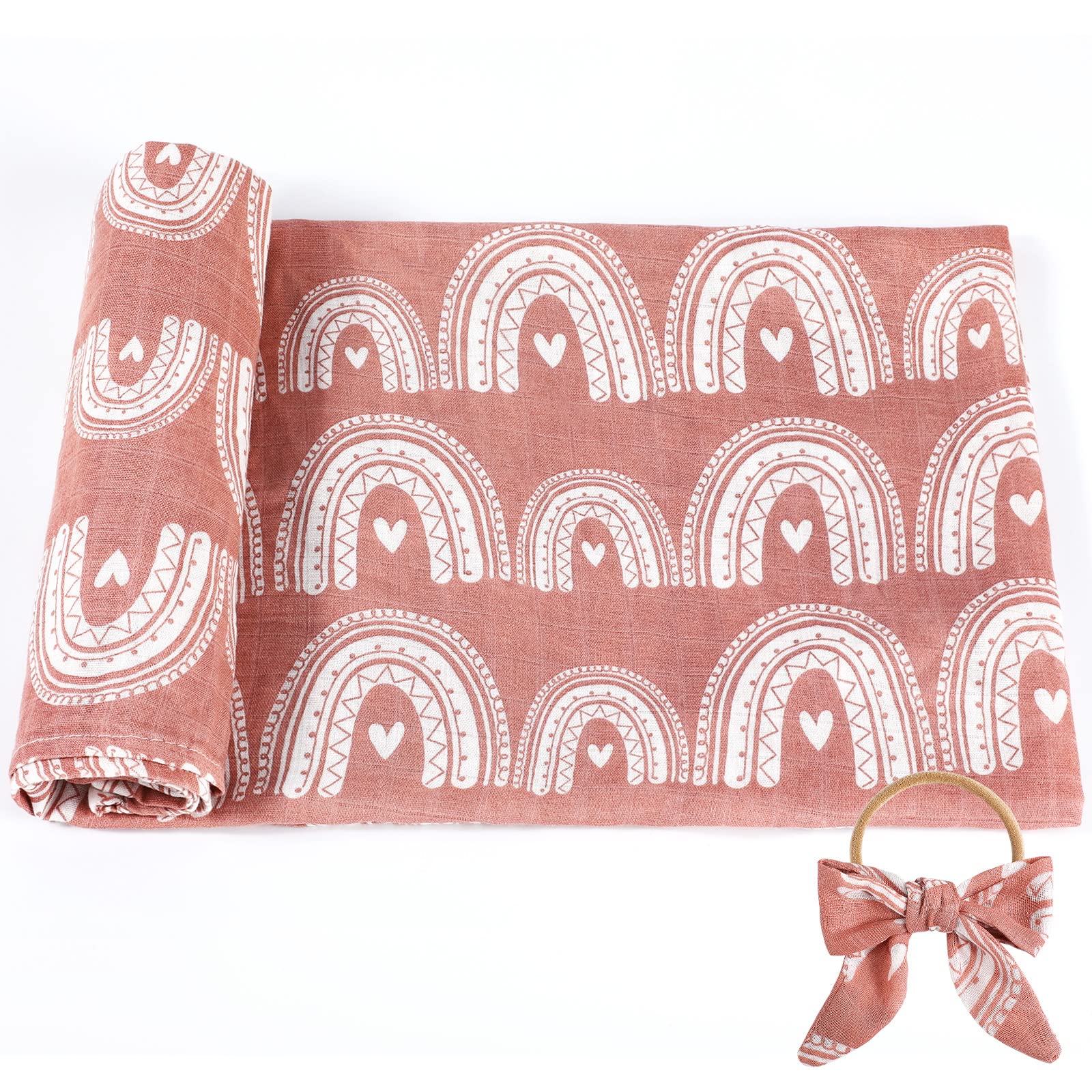 Baby Muslin Swaddle Blanket with Headbands Soft Unisex Cotton for Boys Girls Baby Swaddle Blanket Newborn Boho Rainbow Earthy Solid Color