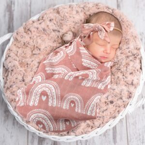 Baby Muslin Swaddle Blanket with Headbands Soft Unisex Cotton for Boys Girls Baby Swaddle Blanket Newborn Boho Rainbow Earthy Solid Color