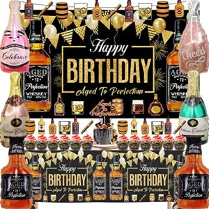 nelton whiskey birthday party decorations, aged to perfection birthday party supplies include backdrop, banner, cake topper, 24 cupcake toppers, 6 foil balloons, table cloth