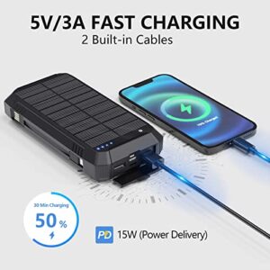 DJKK Solar Charger Power Bank, 36800mAH Waterproof Solar Power Bank, Qi 15W Portable Wireless Charger Built-in Dual USB A Output-a 5V/3A USB C Output with External 3 Wires and an Flashlight (Black)…