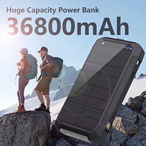 DJKK Solar Charger Power Bank, 36800mAH Waterproof Solar Power Bank, Qi 15W Portable Wireless Charger Built-in Dual USB A Output-a 5V/3A USB C Output with External 3 Wires and an Flashlight (Black)…