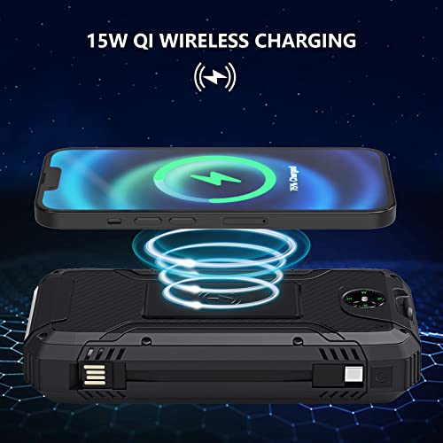 DJKK Solar Charger Power Bank, 36800mAH Waterproof Solar Power Bank, Qi 15W Portable Wireless Charger Built-in Dual USB A Output-a 5V/3A USB C Output with External 3 Wires and an Flashlight (Black)…