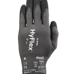 Ansell HyFlex 11-840 Ergonomic Abrasion-Resistant Nylon Spandex Nitrile Coated Industrial Gloves for Automotive, Fabrication - Large (9) Grey (3 Pairs)