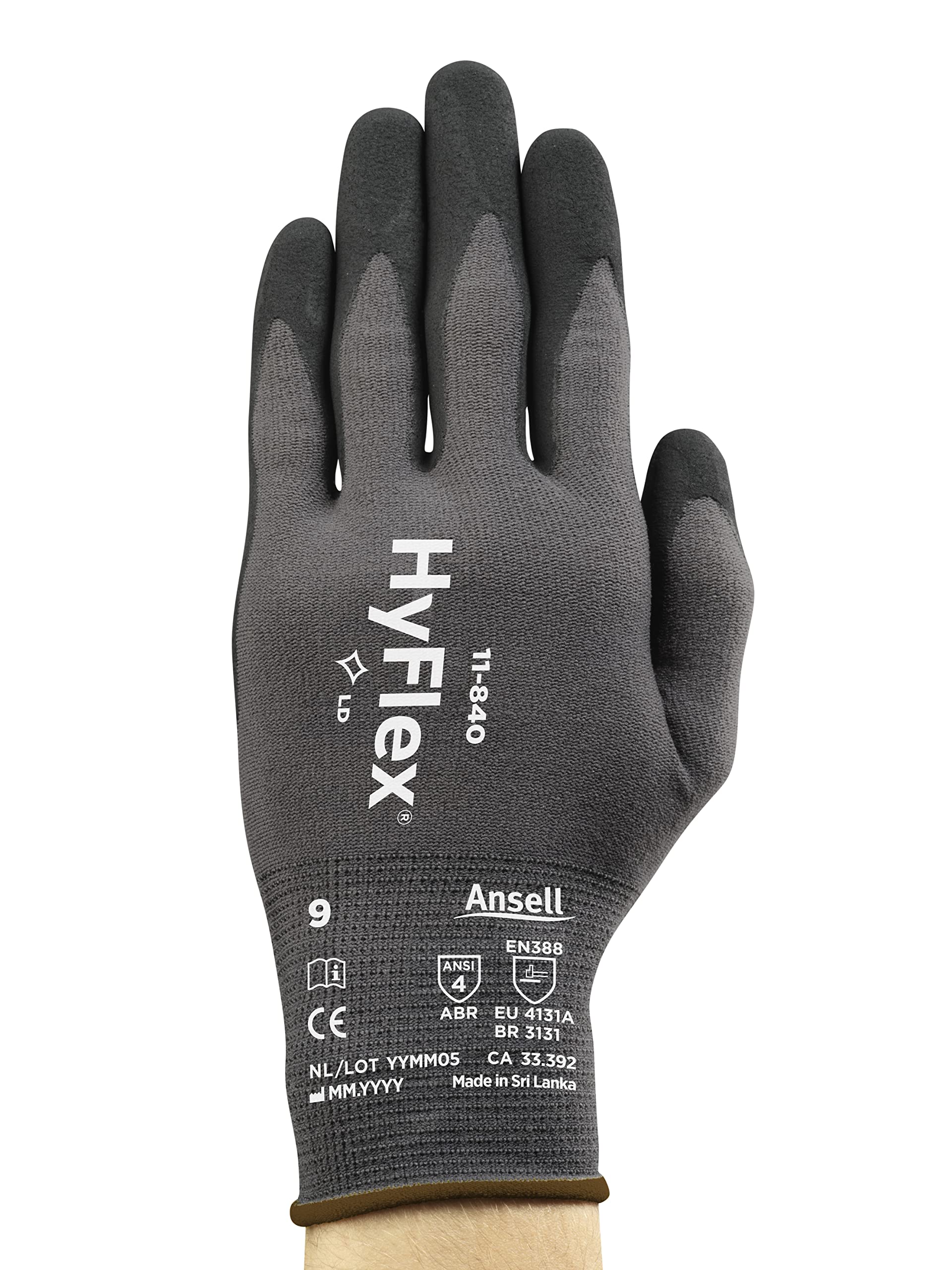 Ansell HyFlex 11-840 Ergonomic Abrasion-Resistant Nylon Spandex Nitrile Coated Industrial Gloves for Automotive, Fabrication - Large (9) Grey (3 Pairs)