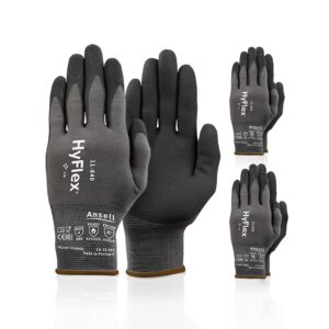 Ansell HyFlex 11-840 Ergonomic Abrasion-Resistant Nylon Spandex Nitrile Coated Industrial Gloves for Automotive, Fabrication - Large (9) Grey (3 Pairs)