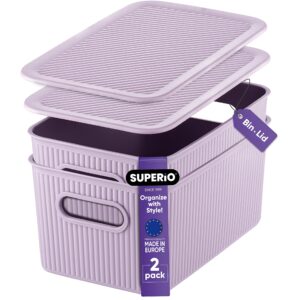 superio ribbed collection - decorative plastic lidded home storage bins organizer baskets, medium lilac purple (2 pack - 5 liter) stackable container box, for organizing closet shelves drawer shelf