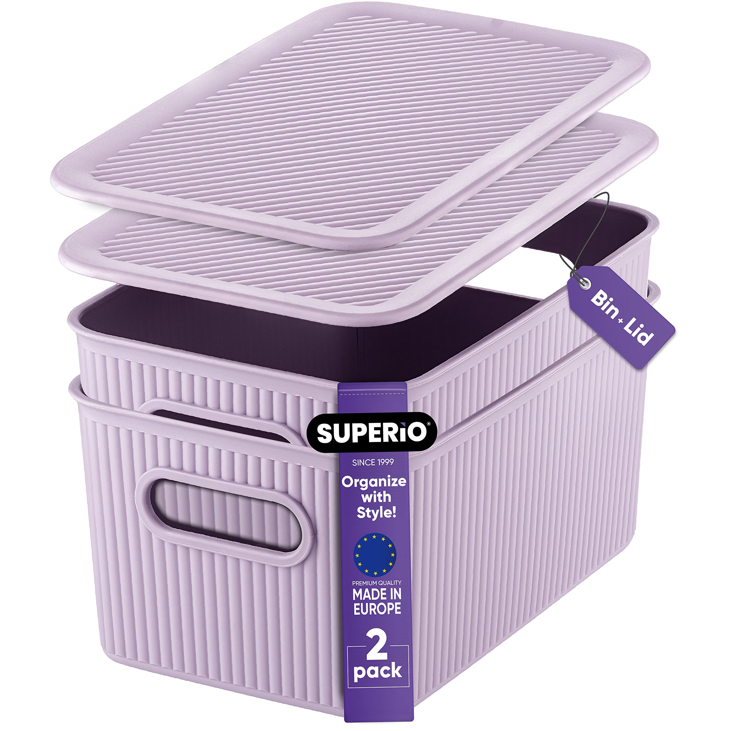 Superio Ribbed Collection - Decorative Plastic Lidded Home Storage Bins Organizer Baskets, Medium Lilac Purple (2 Pack - 5 Liter) Stackable Container Box, for Organizing Closet Shelves Drawer Shelf