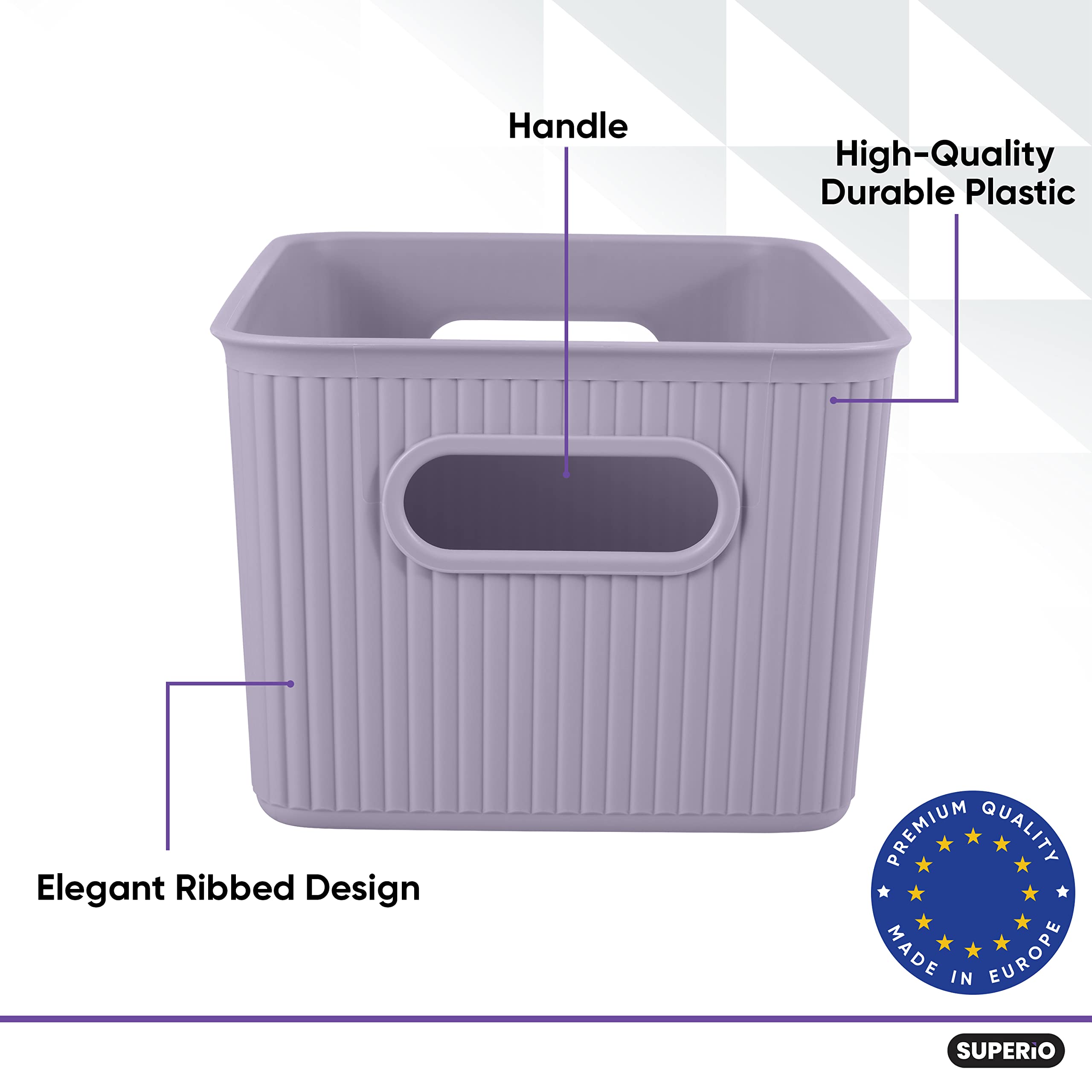 Superio Ribbed Collection - Decorative Plastic Lidded Home Storage Bins Organizer Baskets, Medium Lilac Purple (2 Pack - 5 Liter) Stackable Container Box, for Organizing Closet Shelves Drawer Shelf