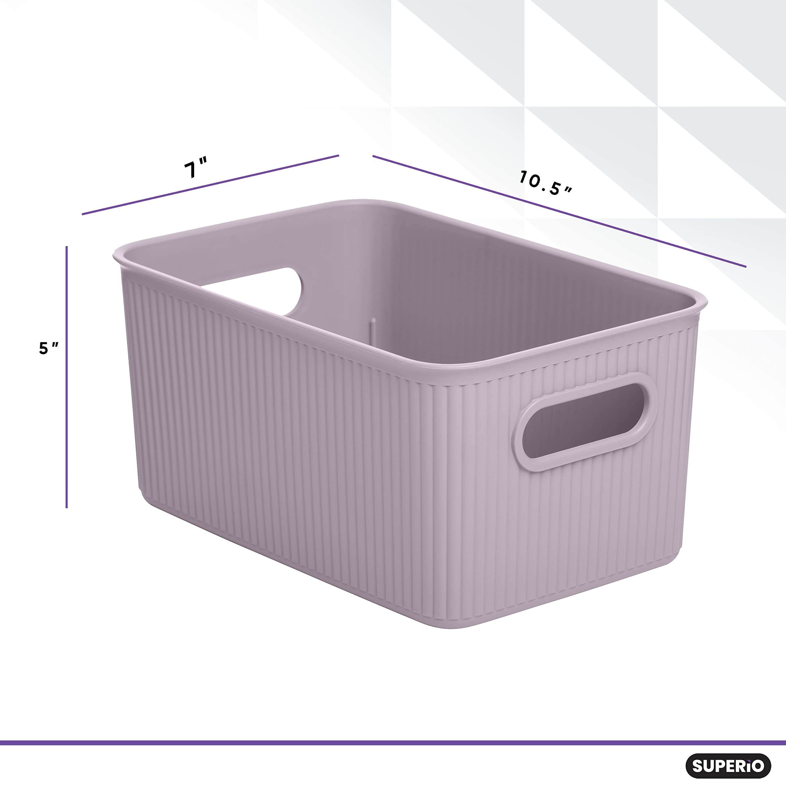 Superio Ribbed Collection - Decorative Plastic Lidded Home Storage Bins Organizer Baskets, Medium Lilac Purple (2 Pack - 5 Liter) Stackable Container Box, for Organizing Closet Shelves Drawer Shelf