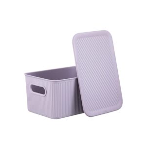 Superio Ribbed Collection - Decorative Plastic Lidded Home Storage Bins Organizer Baskets, Medium Lilac Purple (2 Pack - 5 Liter) Stackable Container Box, for Organizing Closet Shelves Drawer Shelf