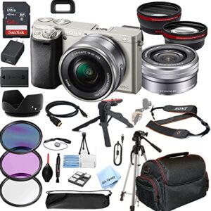 sony alpha a6400 mirrorless digital camera (silver) with 16-50mm lens + 64gb memory, wide angle + telephoto lens, filters, case, tripod + more (28pc bundle kit) (renewed)