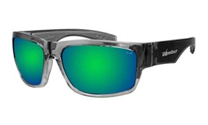 bomber mens safety sunglasses, 2 tone crystal frame with green mirrored lens, z87 compliant, uv protection, oversize lens with non slip foam lining tr104gm