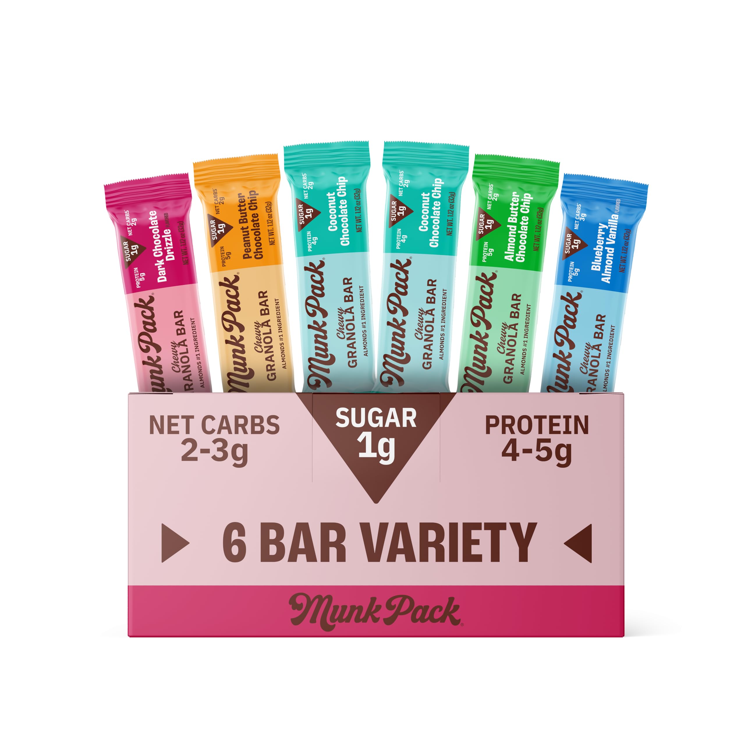 Munk Pack Chewy Almond Bar, Variety Pack - 1g Sugar, 4-5g Protein, Low Carb & Keto - Gluten Free, Grain Free, Plant Based, Zero Added Sugar - Breakfast & Snack Bars, 6 Count