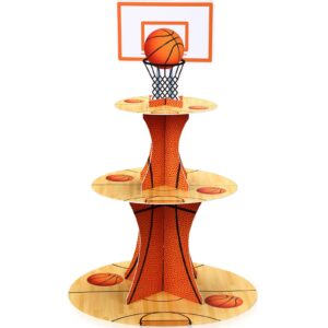 basketball theme party cupcake stand decorations, 3 tier sports theme party cupcake tower baseball basketball birthday party table decorations for teenagers baseball basketball sports (basketball)