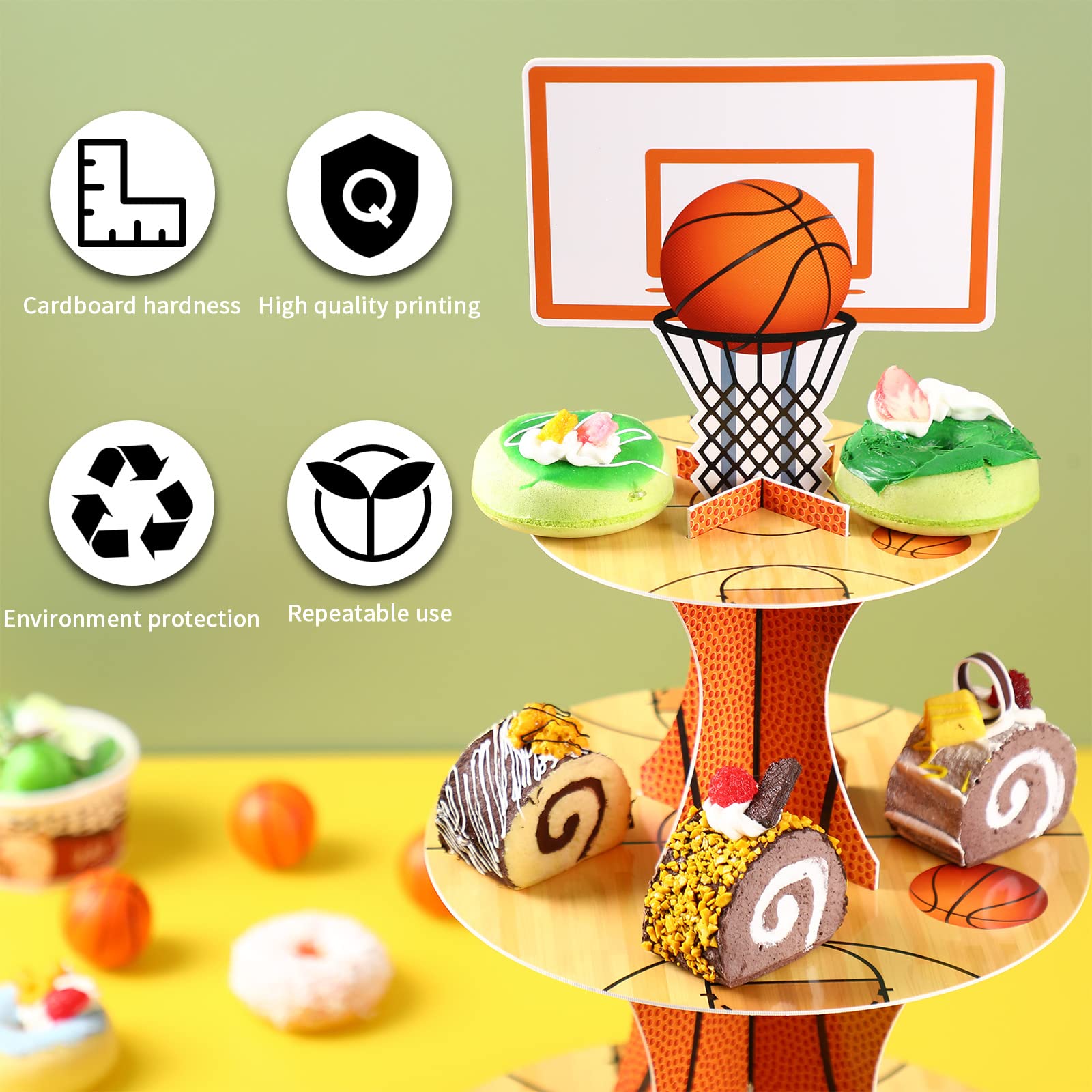 Basketball Theme Party Cupcake Stand Decorations, 3 Tier Sports Theme Party Cupcake Tower Baseball Basketball Birthday Party Table Decorations for Teenagers Baseball Basketball Sports (Basketball)