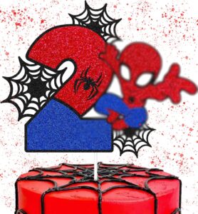 spider 2nd cake topper spider cartoon movie themed happy 2s birthday cake decorations for boys girls children kids men women two bday party supplies double sided glitter black décor