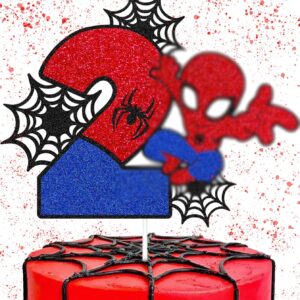 Spider 2nd Cake Topper Spider Cartoon Movie Themed Happy 2s Birthday Cake Decorations for Boys Girls Children Kids Men Women Two Bday Party Supplies Double Sided Glitter Black Décor