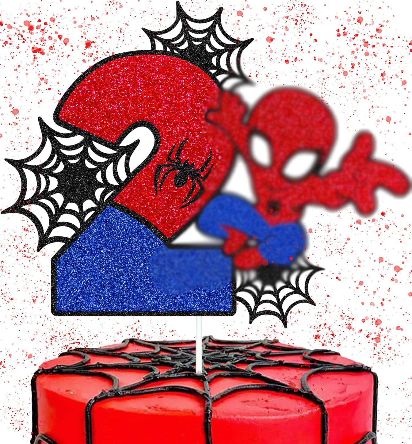 Spider 2nd Cake Topper Spider Cartoon Movie Themed Happy 2s Birthday Cake Decorations for Boys Girls Children Kids Men Women Two Bday Party Supplies Double Sided Glitter Black Décor