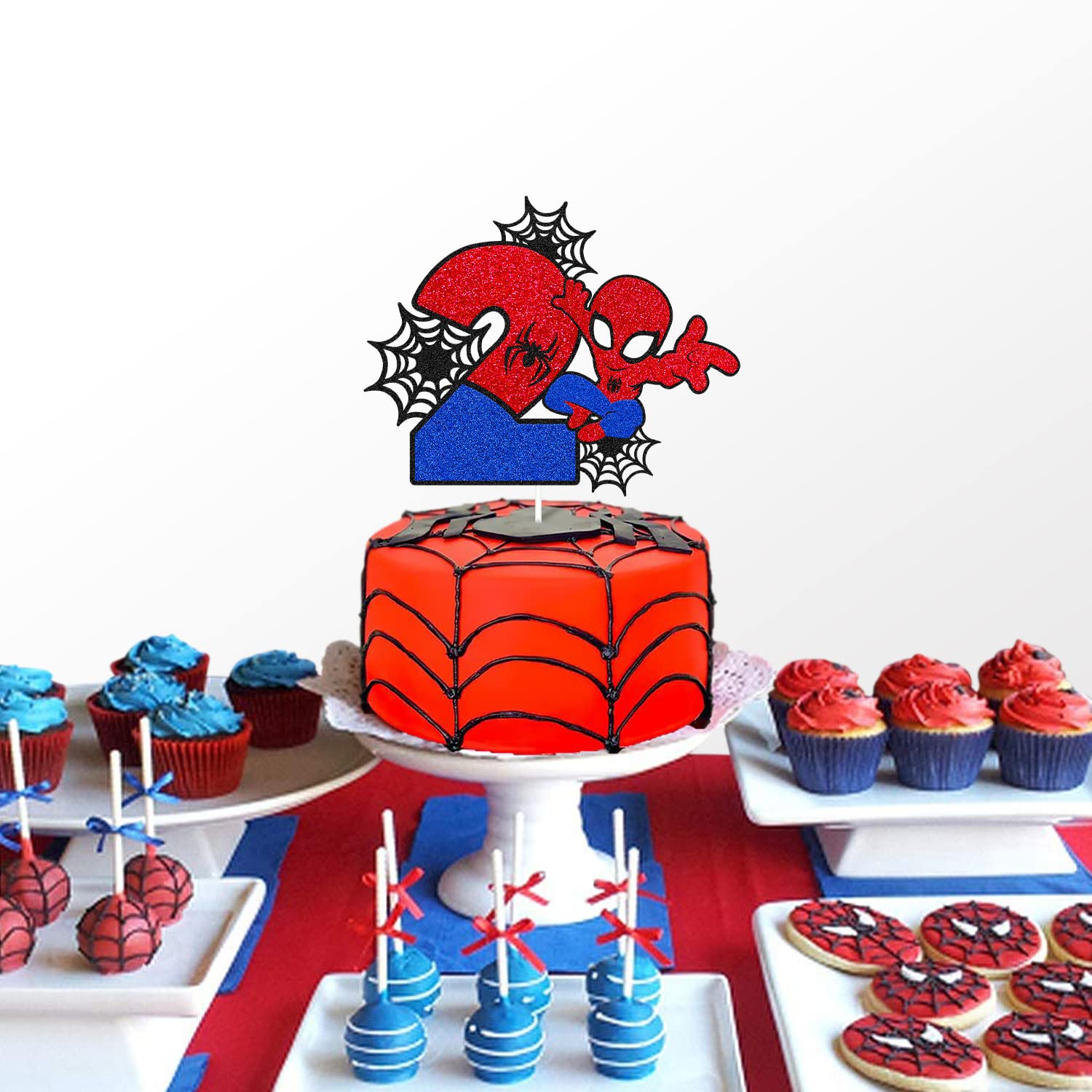 Spider 2nd Cake Topper Spider Cartoon Movie Themed Happy 2s Birthday Cake Decorations for Boys Girls Children Kids Men Women Two Bday Party Supplies Double Sided Glitter Black Décor