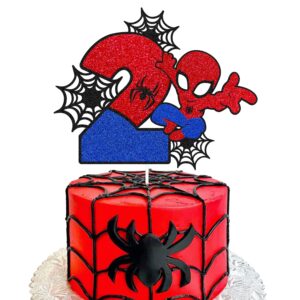 Spider 2nd Cake Topper Spider Cartoon Movie Themed Happy 2s Birthday Cake Decorations for Boys Girls Children Kids Men Women Two Bday Party Supplies Double Sided Glitter Black Décor