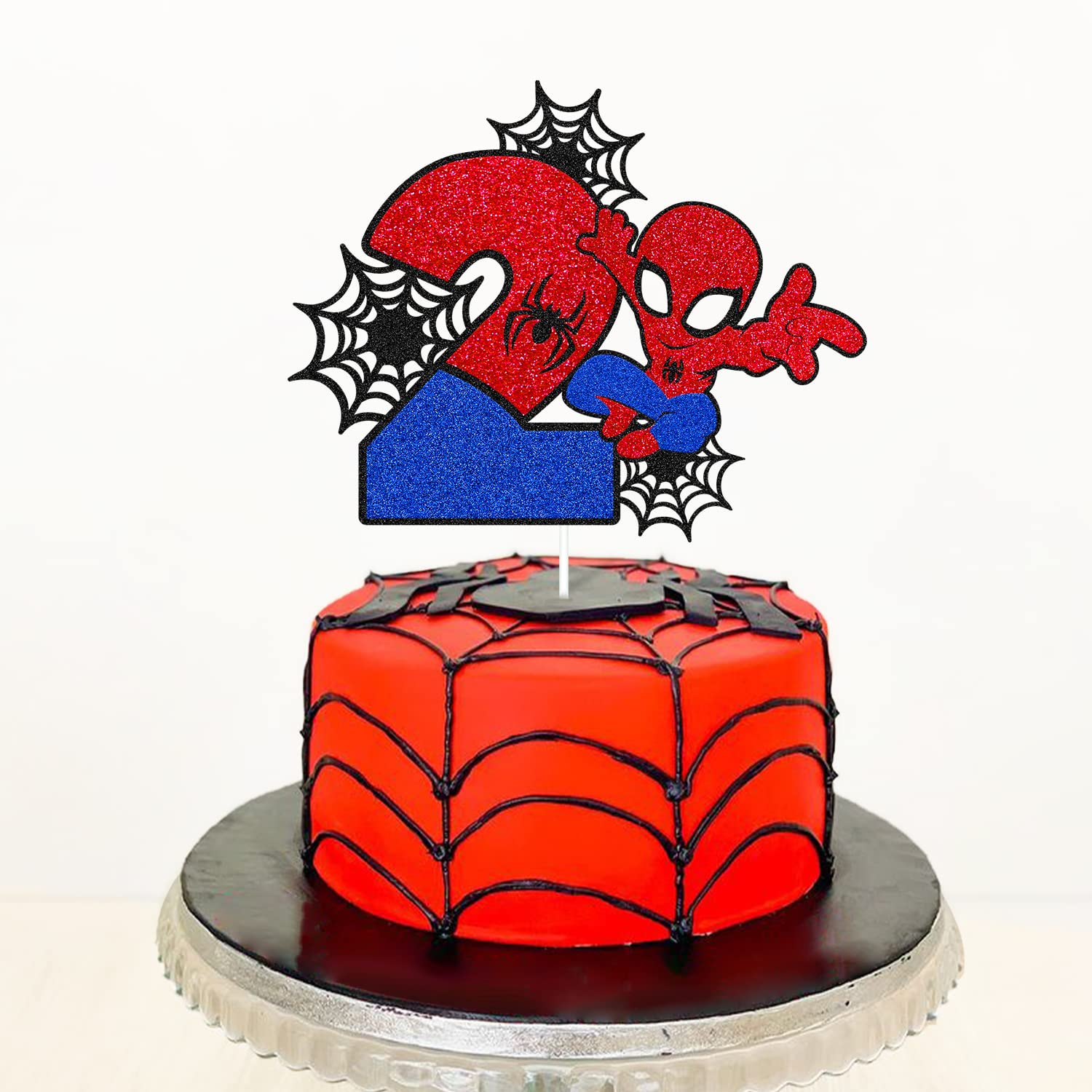 Spider 2nd Cake Topper Spider Cartoon Movie Themed Happy 2s Birthday Cake Decorations for Boys Girls Children Kids Men Women Two Bday Party Supplies Double Sided Glitter Black Décor