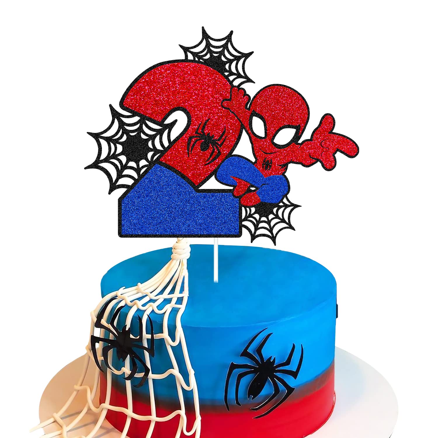 Spider 2nd Cake Topper Spider Cartoon Movie Themed Happy 2s Birthday Cake Decorations for Boys Girls Children Kids Men Women Two Bday Party Supplies Double Sided Glitter Black Décor