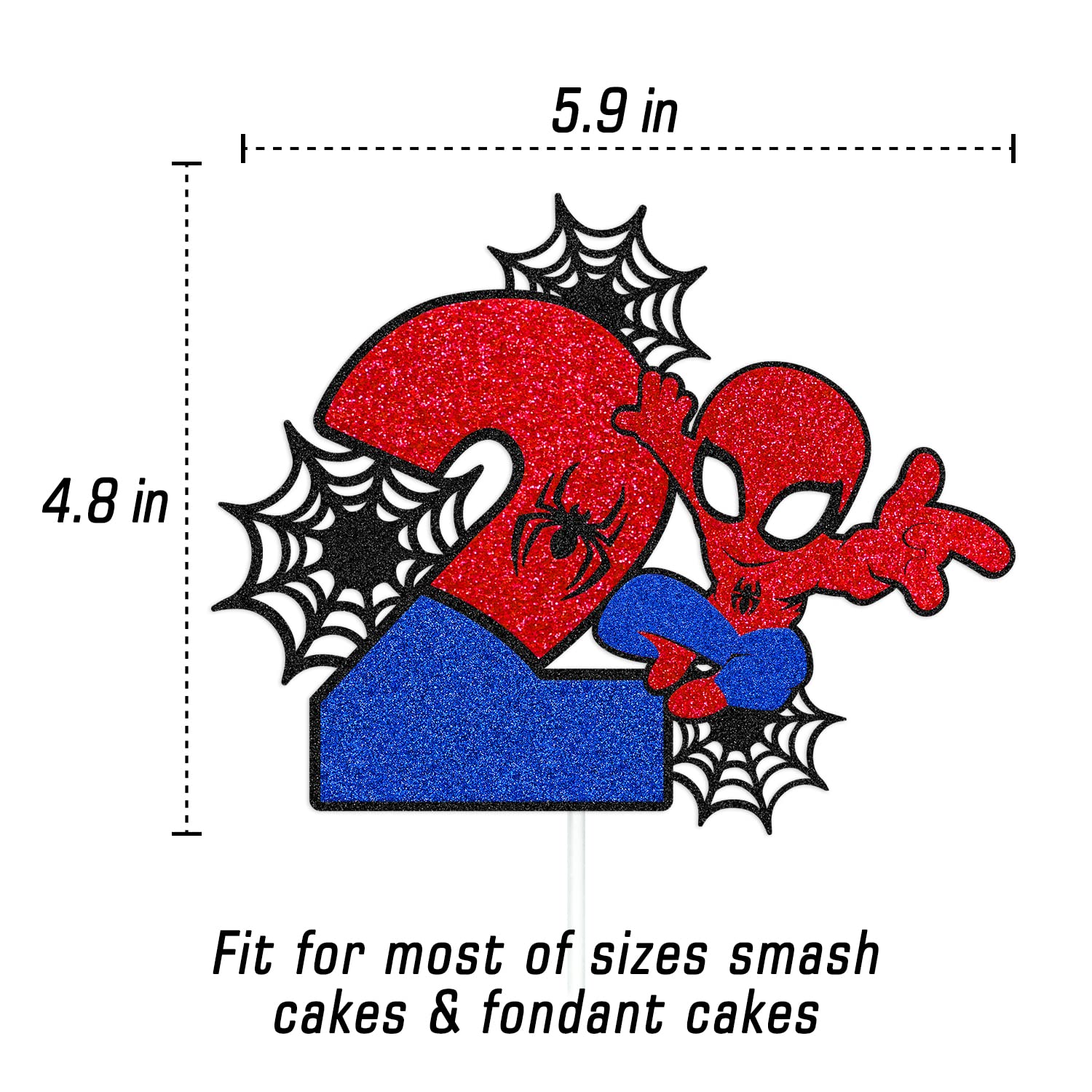 Spider 2nd Cake Topper Spider Cartoon Movie Themed Happy 2s Birthday Cake Decorations for Boys Girls Children Kids Men Women Two Bday Party Supplies Double Sided Glitter Black Décor