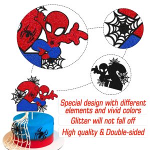 Spider 2nd Cake Topper Spider Cartoon Movie Themed Happy 2s Birthday Cake Decorations for Boys Girls Children Kids Men Women Two Bday Party Supplies Double Sided Glitter Black Décor