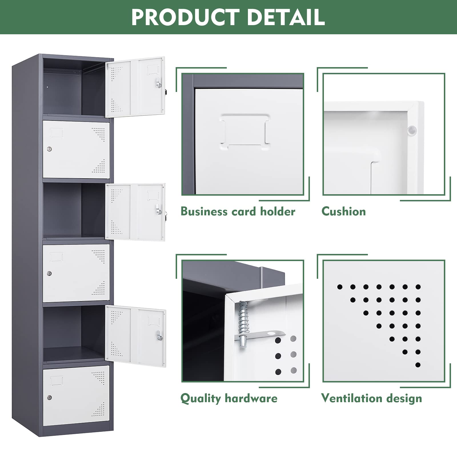 BYNSOE Metal Locker 6 Doors 71" Employees Locker Storage Cabinet Locker School Hospital Gym Locker Requires Assembly (Grey White, 6 Doors)