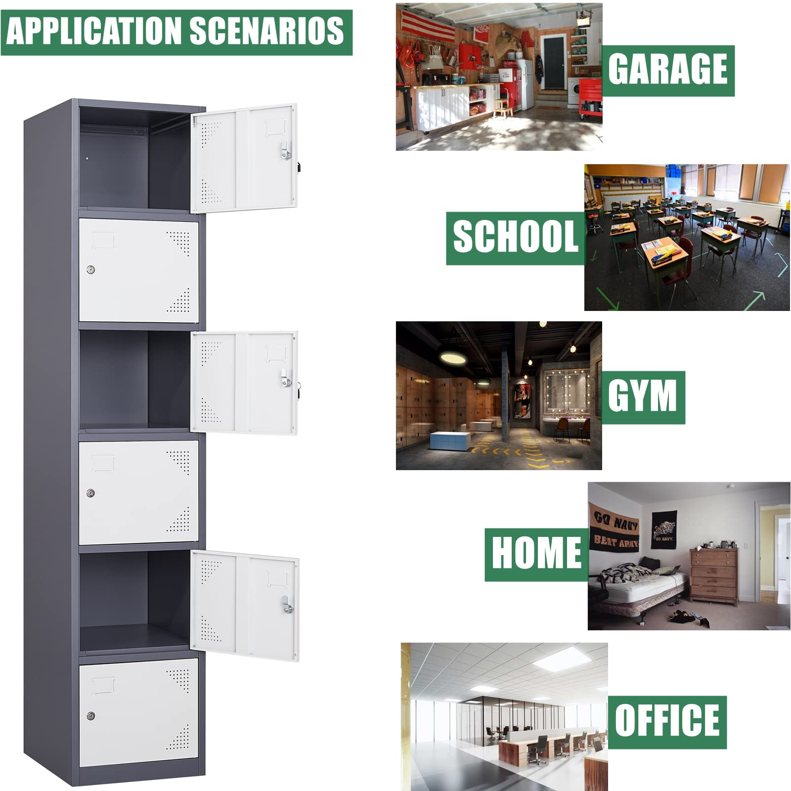 BYNSOE Metal Locker 6 Doors 71" Employees Locker Storage Cabinet Locker School Hospital Gym Locker Requires Assembly (Grey White, 6 Doors)