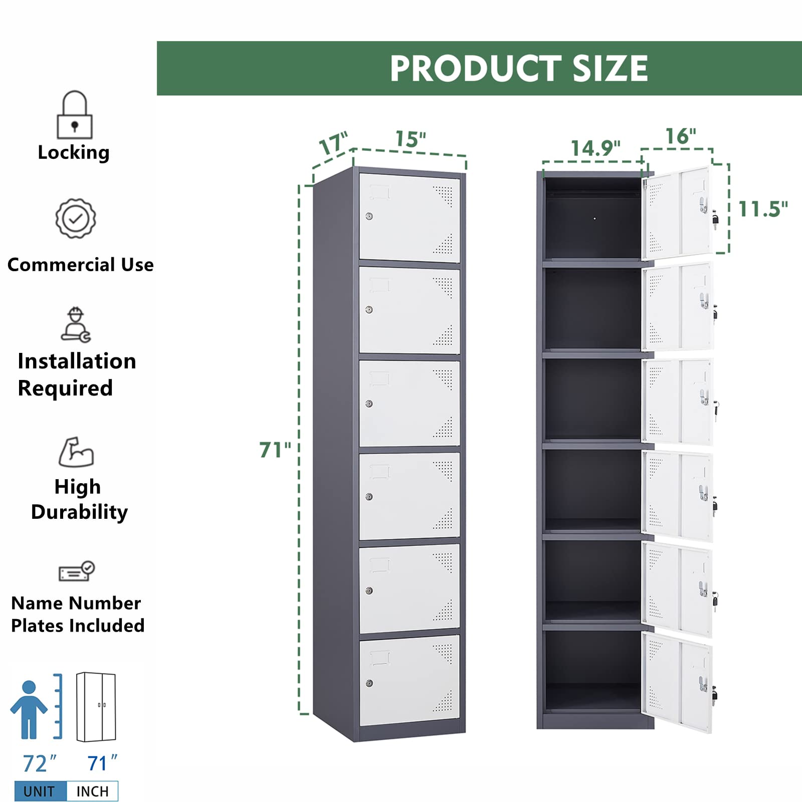 BYNSOE Metal Locker 6 Doors 71" Employees Locker Storage Cabinet Locker School Hospital Gym Locker Requires Assembly (Grey White, 6 Doors)