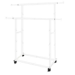 fishat simple standard double rod clothing metal garment rack, rolling clothes organizer on lockable wheels (white)