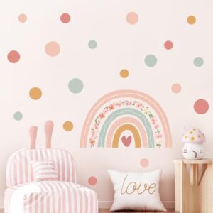 Supzone Large Rainbow Flower Wall Stickers Boho Polka Dots Wall Decal Vinyl for Girls' Room Kids Baby Nursery Bedroom Living Room Playroom Classroom Wall Decor