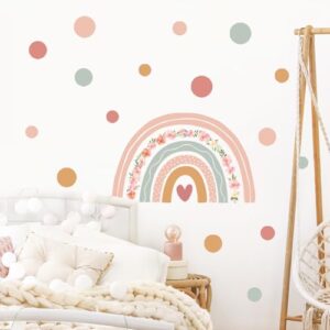 Supzone Large Rainbow Flower Wall Stickers Boho Polka Dots Wall Decal Vinyl for Girls' Room Kids Baby Nursery Bedroom Living Room Playroom Classroom Wall Decor