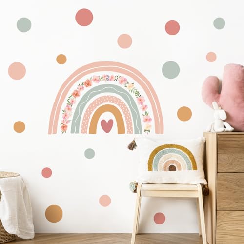 Supzone Large Rainbow Flower Wall Stickers Boho Polka Dots Wall Decal Vinyl for Girls' Room Kids Baby Nursery Bedroom Living Room Playroom Classroom Wall Decor