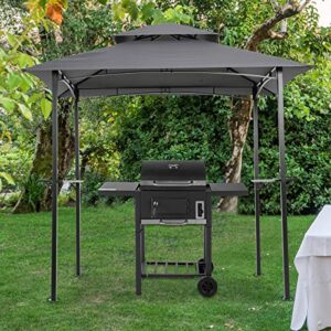 8' x 5' grill gazebo shelter, outdoor bbq gazebo with double tier soft top, grill canopy tent with hook and shelves for patio backyard, steel frame, gray