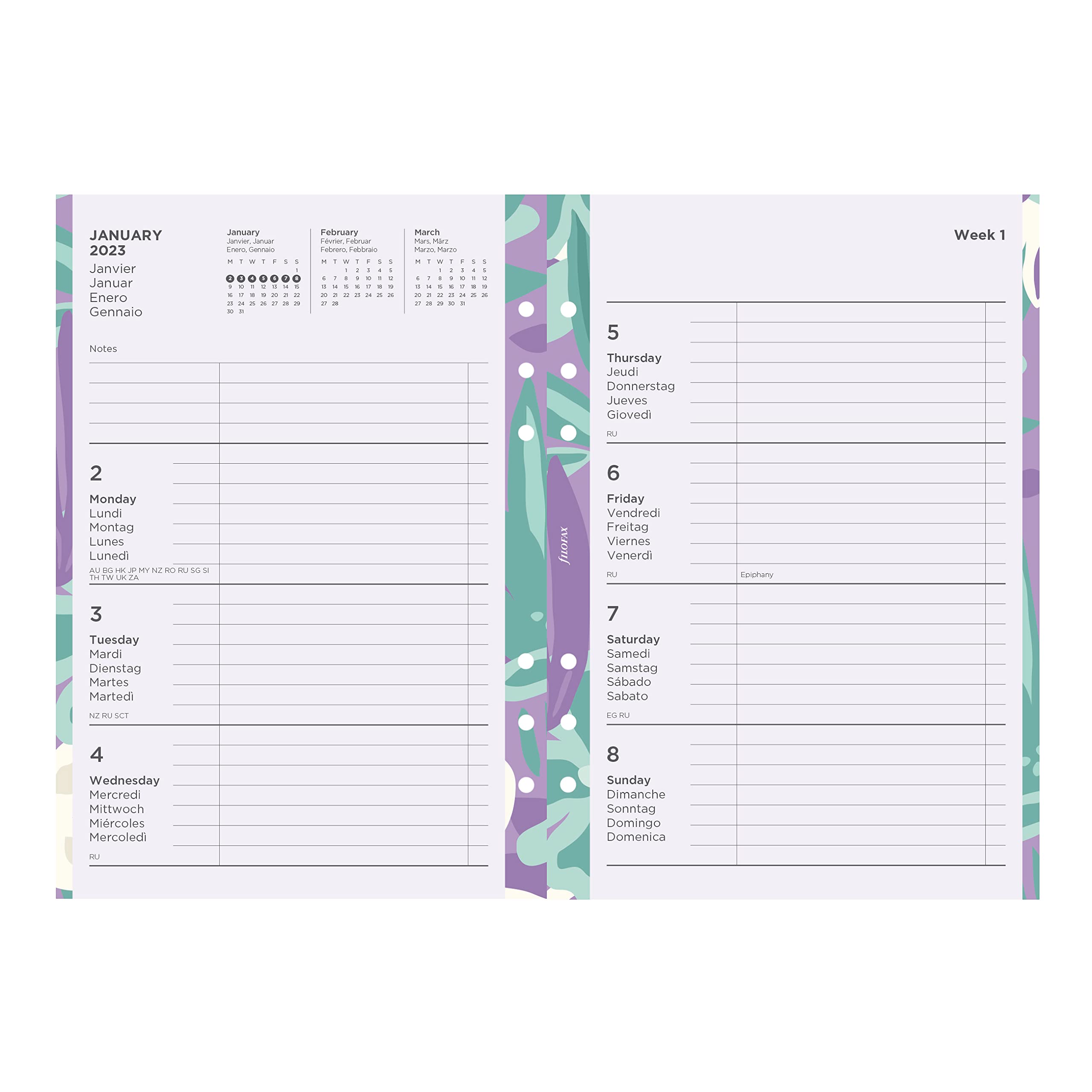 Filofax 6351 Refill For Year 2023 Illustrated Floral Week on 2 Pages A5 (8 1/4'' x 5 3/4'') Tabbed Month Dividers Diary Pack (C6351-23)