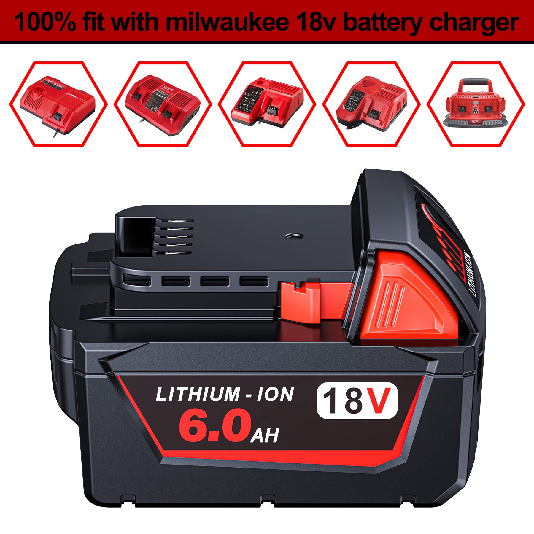 LONG FIT 2 Pack | Replace for Milwaukee M18 Battery 6.0Ah, Perfectly Compatible with Milwaukee Original Charger (48-11-1850)